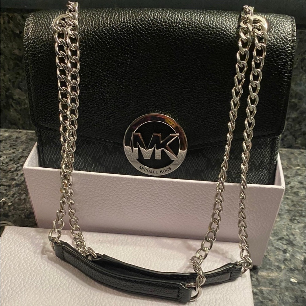 Michael Kors Black Crossbody Bag with Silver Chain